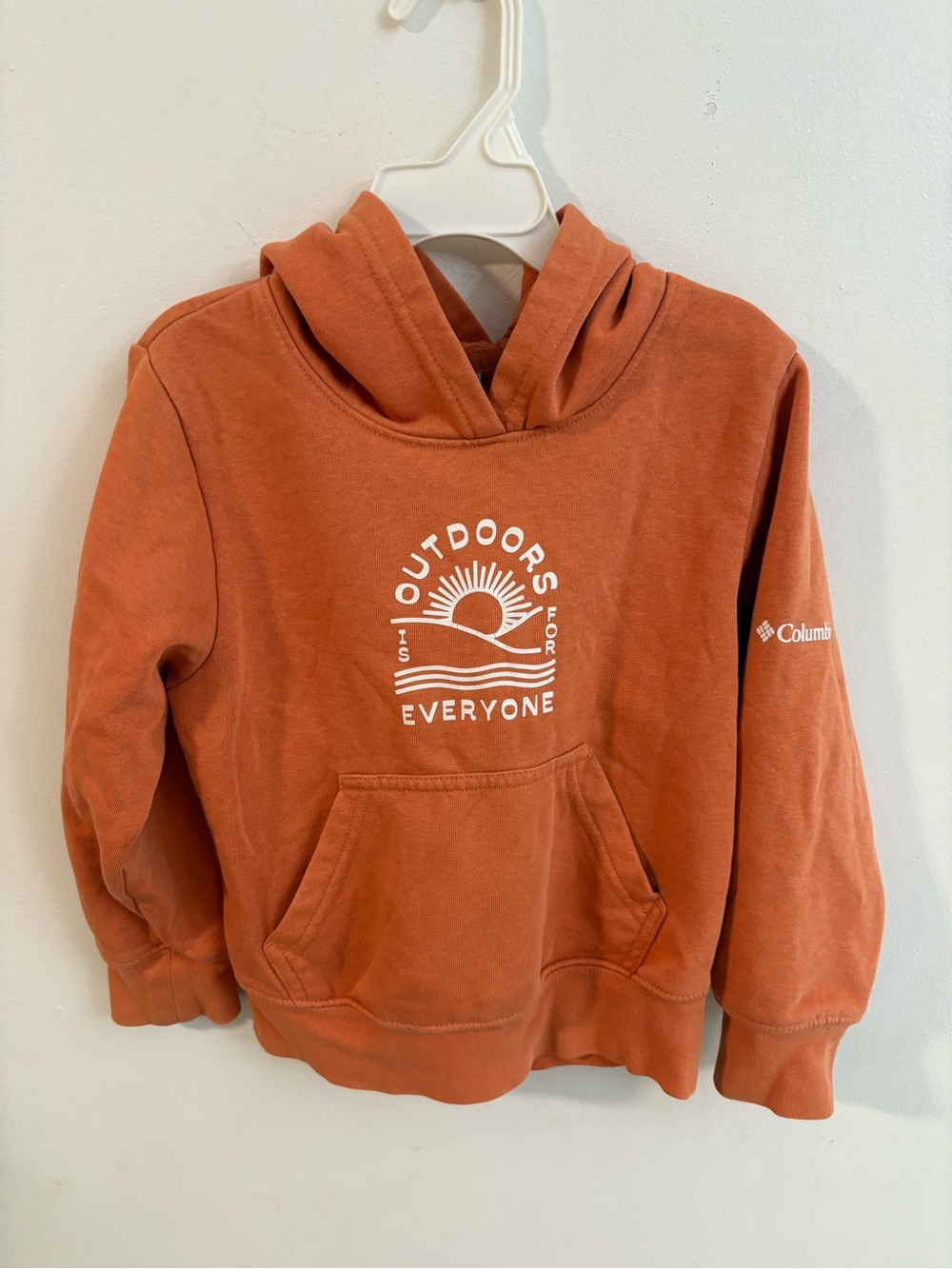 Columbia Kids Rust Orange Hoodie with 'Outdoors For Everyone' Graphic 4 years